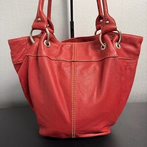 Tignanello Red Leather Tote Shoulder Bag Bucket Style Striped Lining